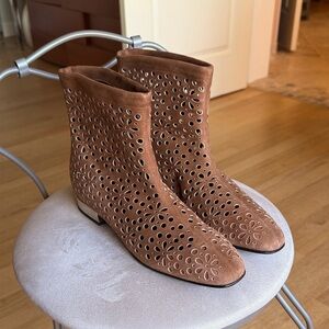 Rare find! Roger Vivier perforated suede booties with metal- plated heels.